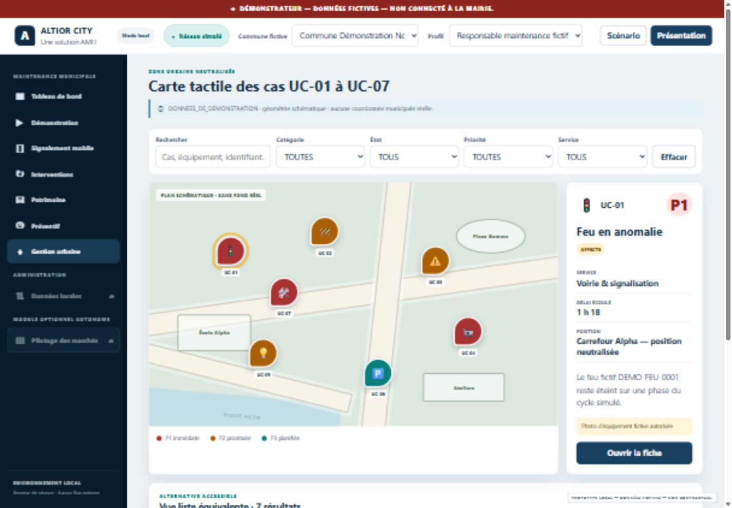 Carte schématique des cas urbains — application ALTIOR CITY, données fictives