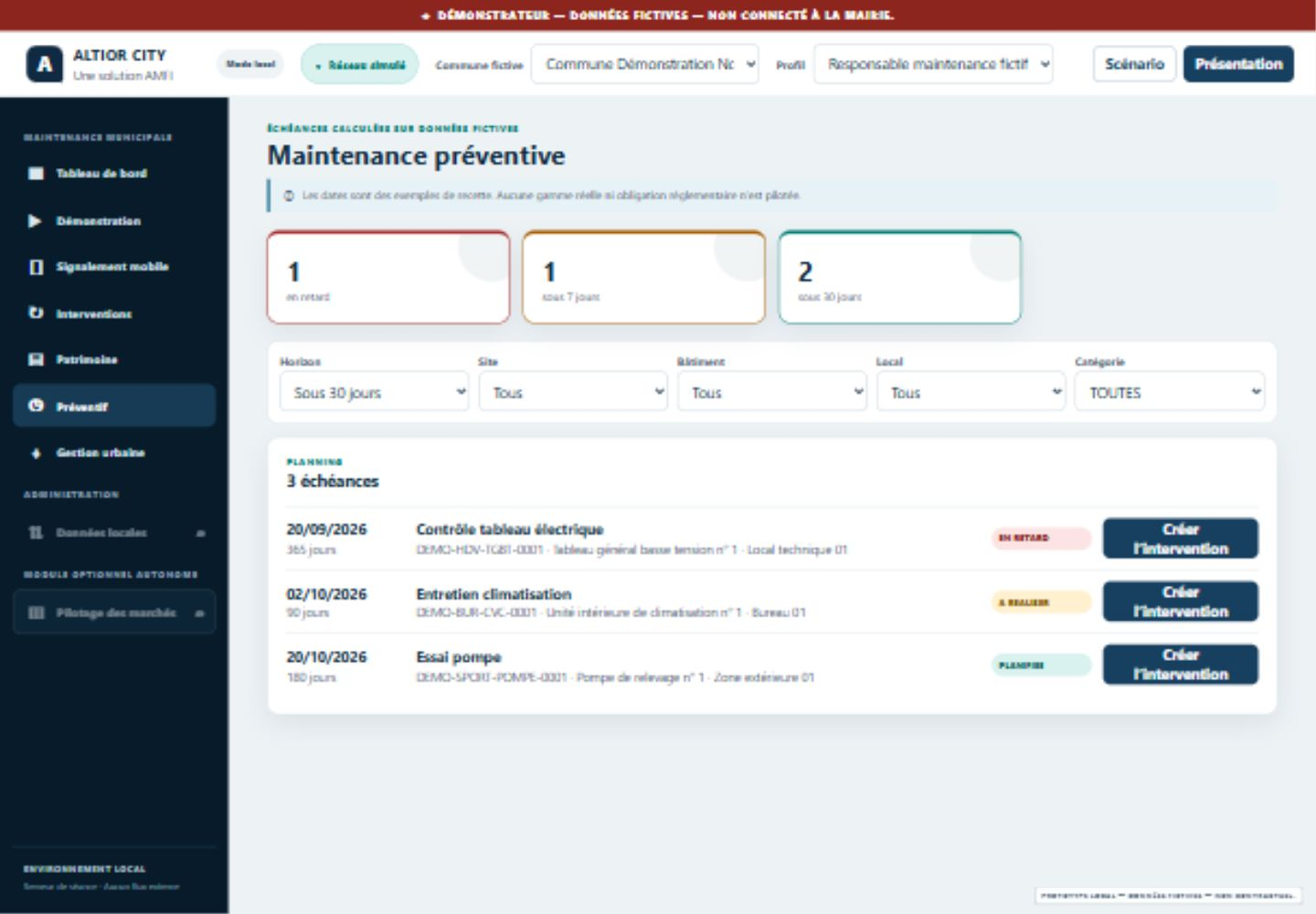 Planning de maintenance préventive — application ALTIOR CITY, données fictives