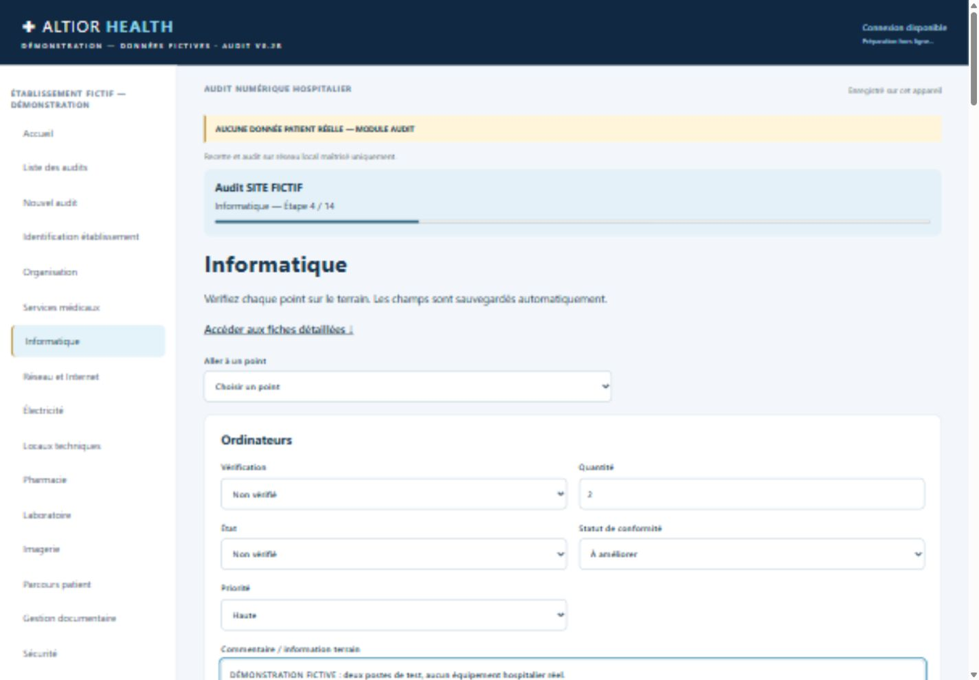 Constat technique informatique — ALTIOR HEALTH, données de démonstration fictives