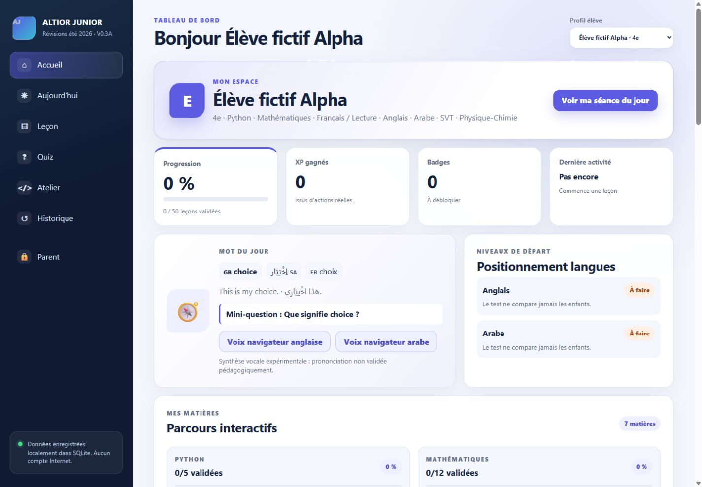 Espace élève fictif — application ALTIOR JUNIOR, données fictives
