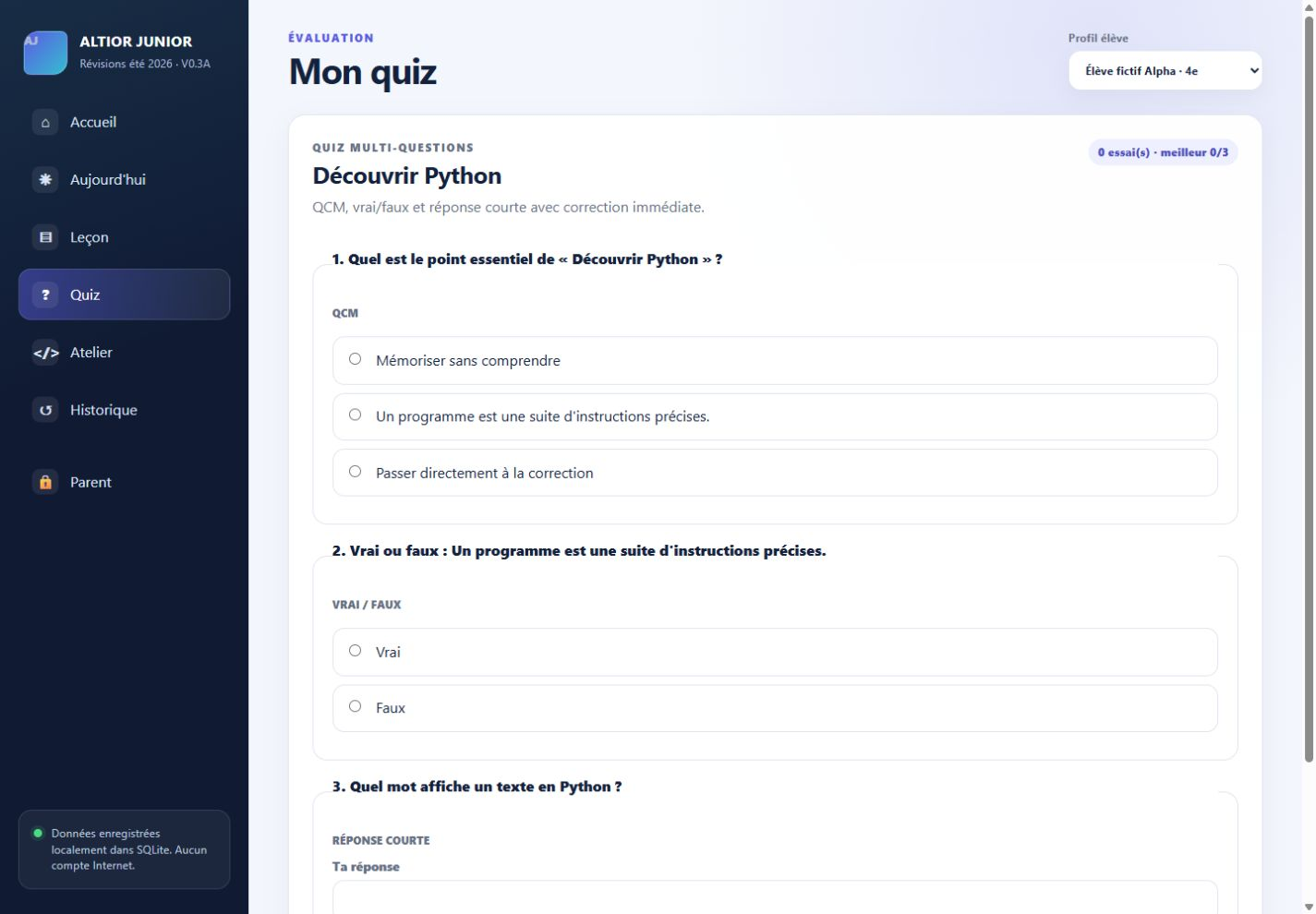 Quiz de la leçon — application ALTIOR JUNIOR, données fictives