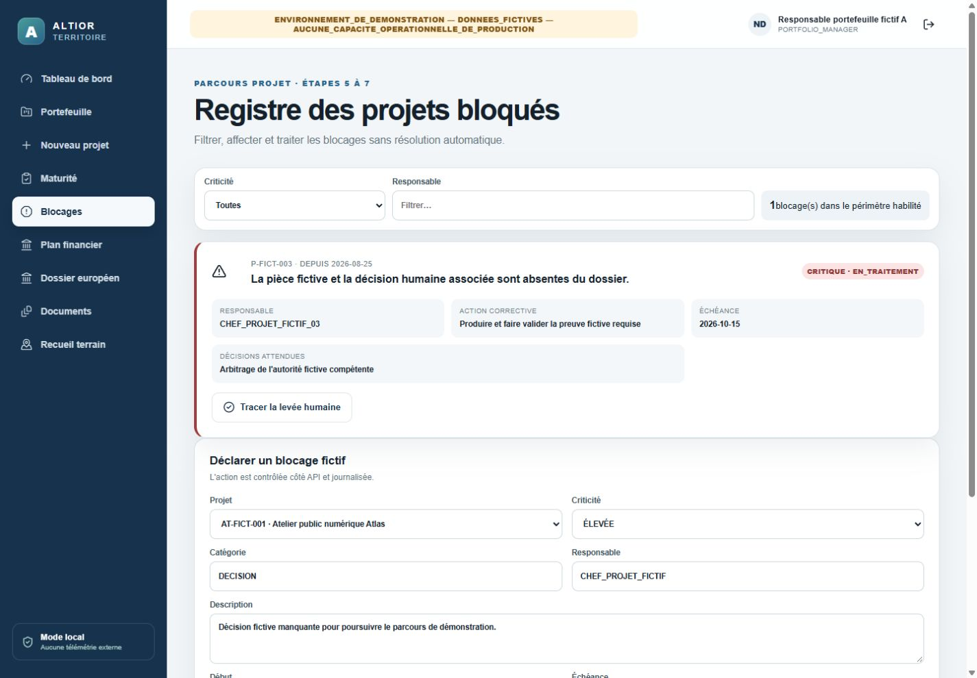 Registre des blocages — ALTIOR TERRITOIRE, données fictives